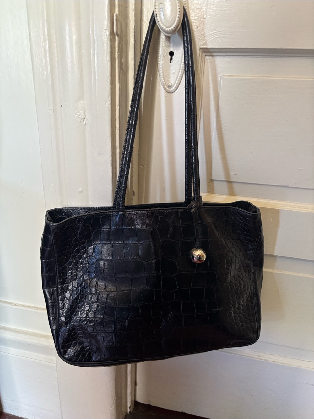 Furla Black Croc-Embossed Leather Tote with Silver Charm - Picture 1 of 12